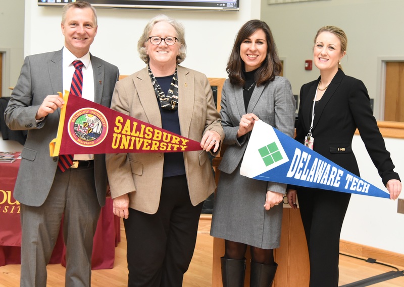 Representatives from Delaware Technical Community College and Salisbury University celebrate the Delmarva Partnership Scholarship available to Delaware Tech associate degree graduates who transfer to SU. Shown are (l-r) Dr. Dane Foust, vice president of student affairs, Salisbury University; Dr. Diane Allen, provost and senior vice president of academic affairs, Salisbury University; Justina Sapna, vice president for academic affairs, Delaware Tech; and Dr. Melissa Rakes, dean of student affairs, Owens Campus, Delaware Tech. SOURCE SUBMITTED